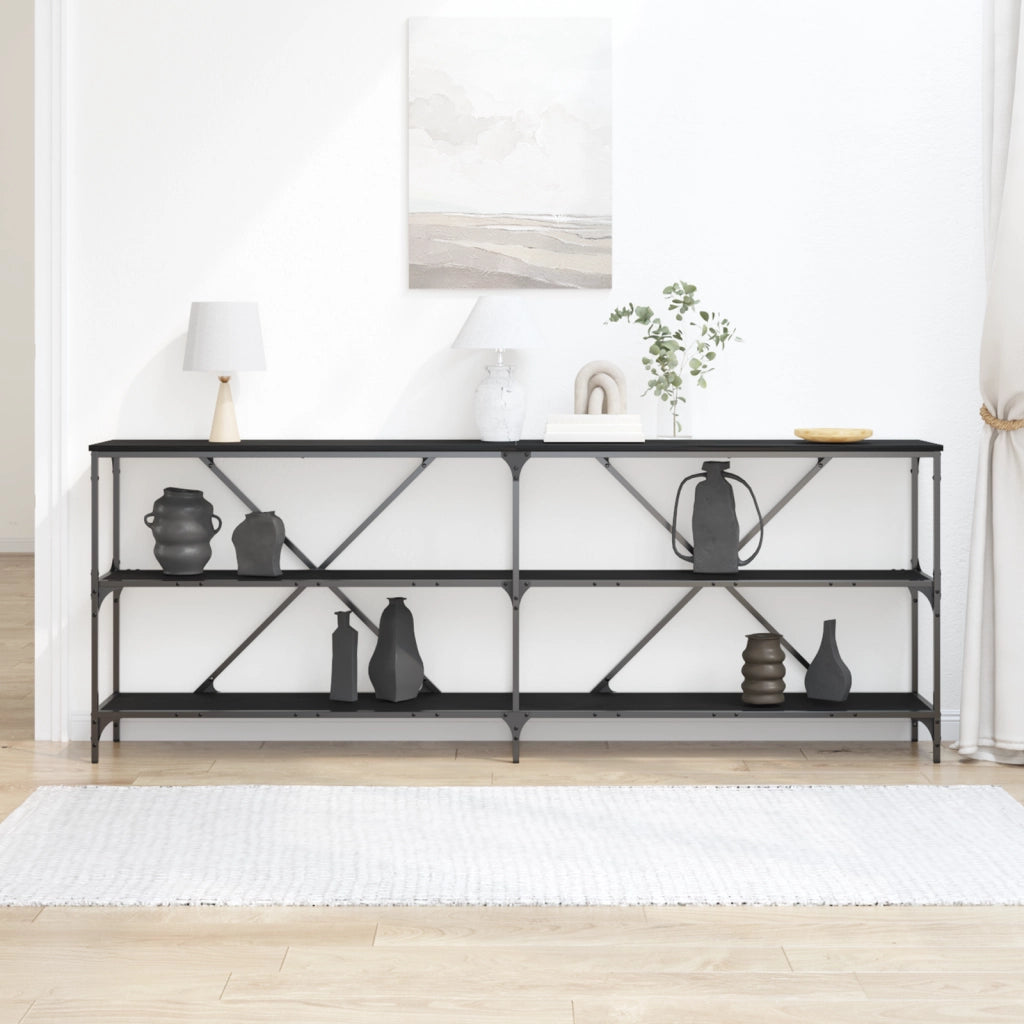 Tavolino Consolle Nero Quercia 200x30x75 cm Legno Ingranato e Acciaio