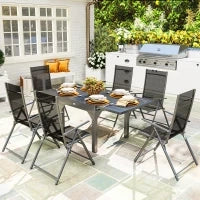 Set da Giardino 7 Pezzi con 6 Sedie Pieghevoli e Tavolo Allungabile, in Acciaio, Alluminio e Rete Grigio e Nero