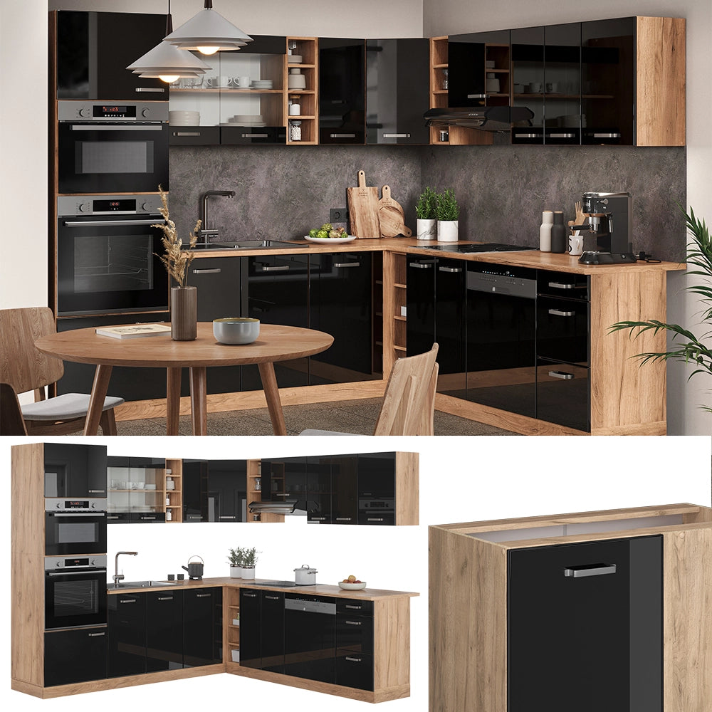 Vicco Cucina angolare completa Rovere nero/oro lucido 237 x 247 cm , PL Antracite