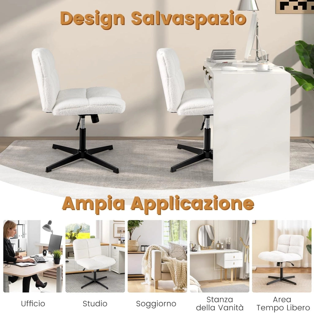 Sedia da Ufficio senza Braccioli, Sedia da Scrivania a Gambe Incrociate con Altezza Regolabile, Rotazione a 360°, Tessuto Morbido, Ampia Seduta Imbottita, Portata 160 kg (Bianco)