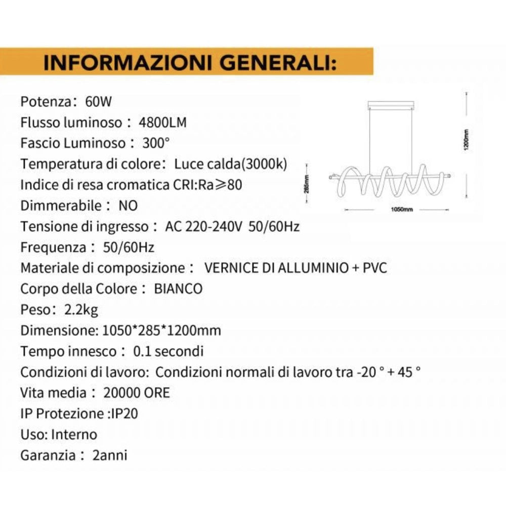 Lampadario a sospensione con luci a led da soffitto stile moderno twister 4800 lumen 60w luce bianca naturale 4000K