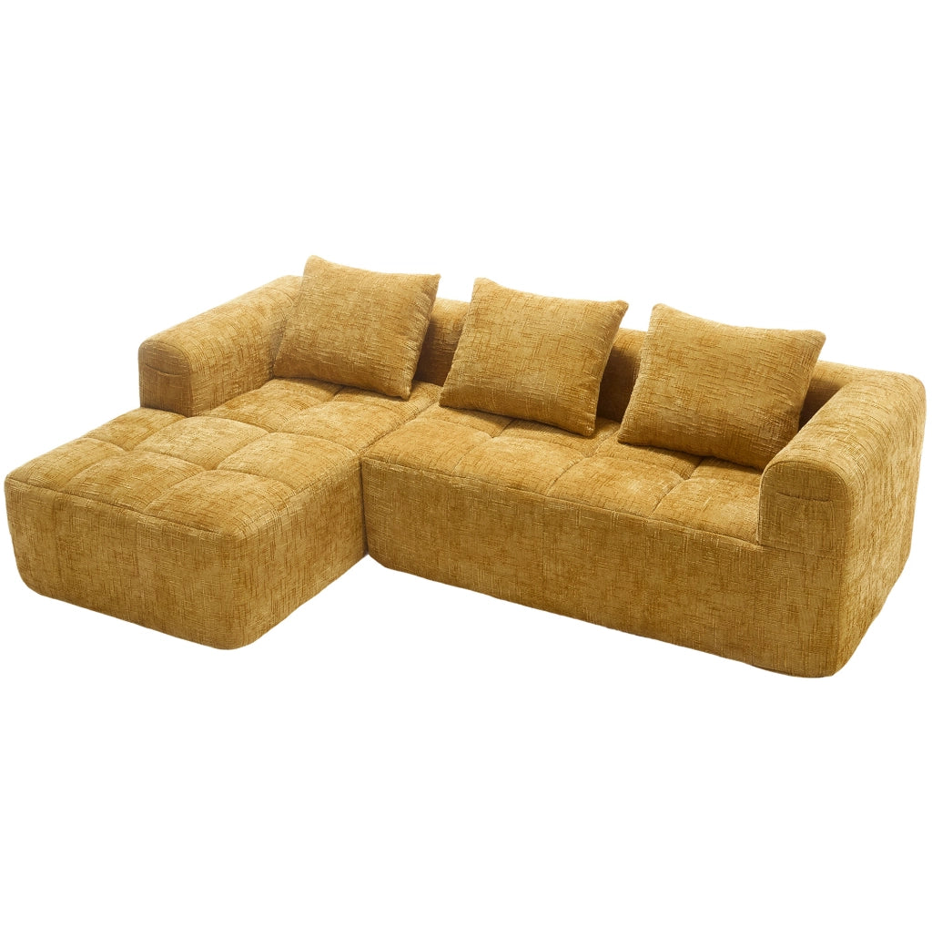 Sofà modulare a L con chaise longue 250x158x60 cm in chenille gialla; senza montaggio