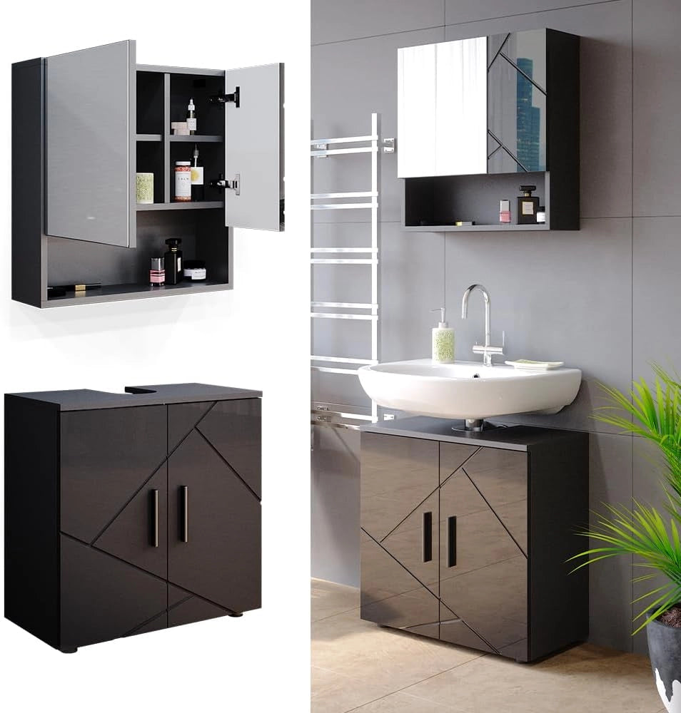 Set mobili bagno Irma, Antracite lucido, 80 cm, composto da specchio da bagno e mobile sottolavabo