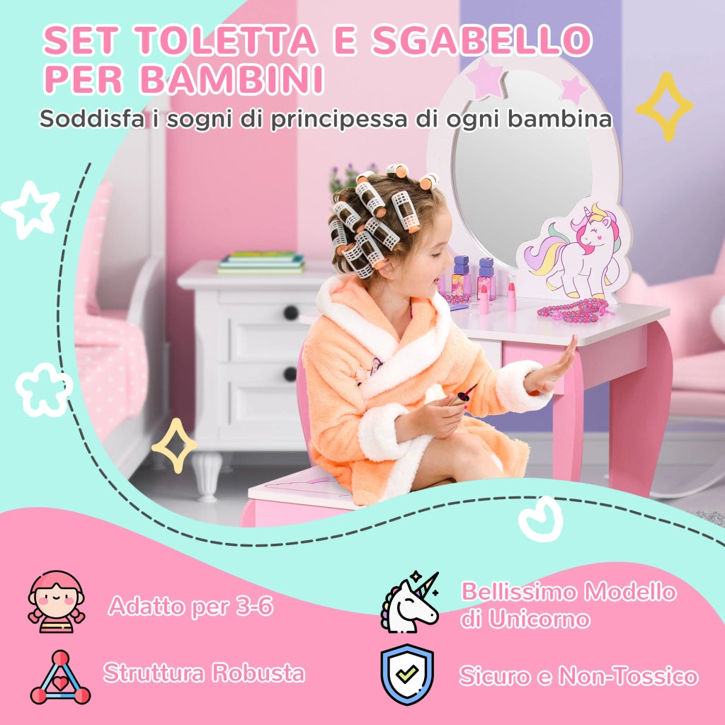 Specchiera Giocattolo con Cassetto e Sgabello ¨C zephmum ¨C Bianco