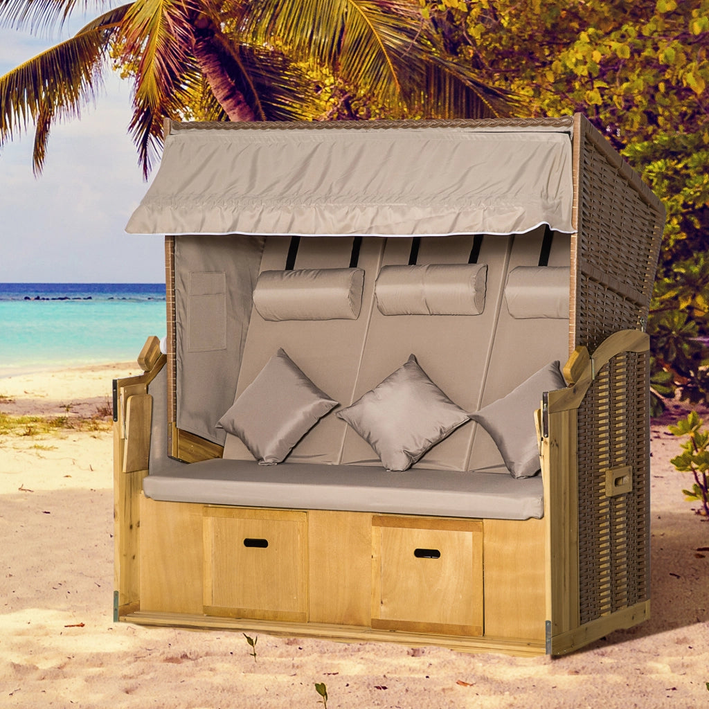 Sdraio da spiaggia e giardino tre posti in rattan naturale con tetto protettivo due tavoli pieghevoli e poggiapiedi integrati spaziosa e funzionale