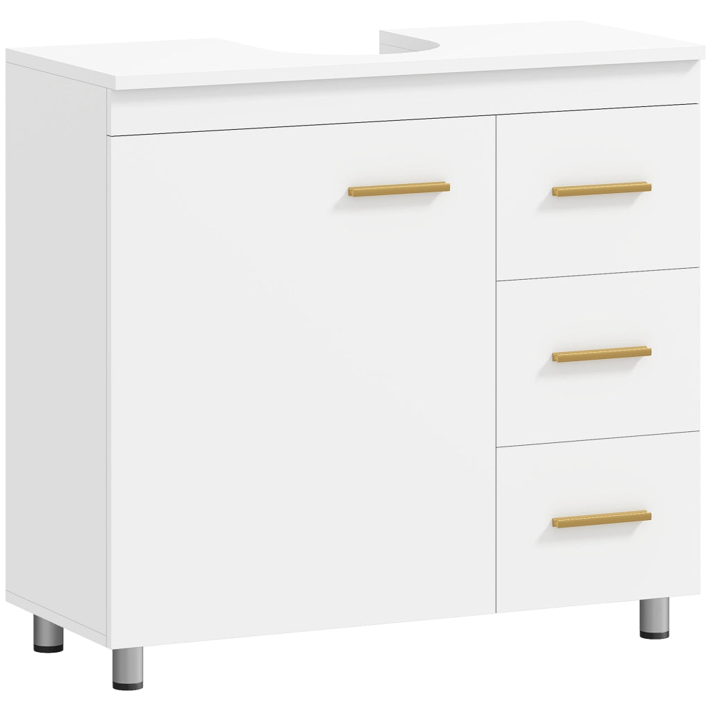 Mobile Sottolavabo con Intaglio a U, Armadietto e 3 Cassetti, Chiusura Ammortizzata, 70x30x65 cm, Bianco