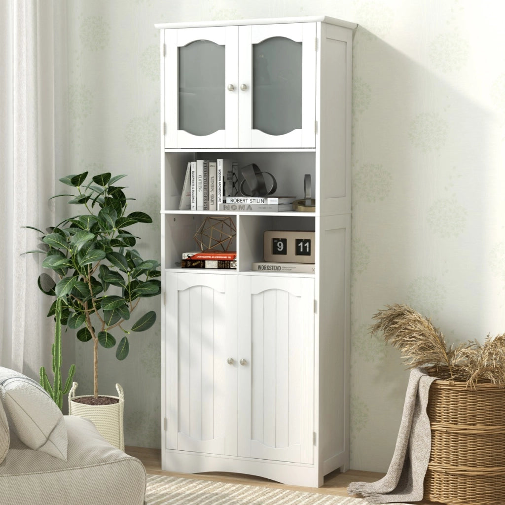 Mobile da bagno alto 148,5cm con porte in vetro satinato e ripiani-Mobile autonomo per cucina soggiorno ufficio Bianco