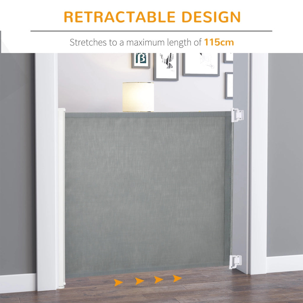 Cancelletto per Cani Estensibile 115x82,5 cm in Poliestere e Acciaio Bianco e Grigio