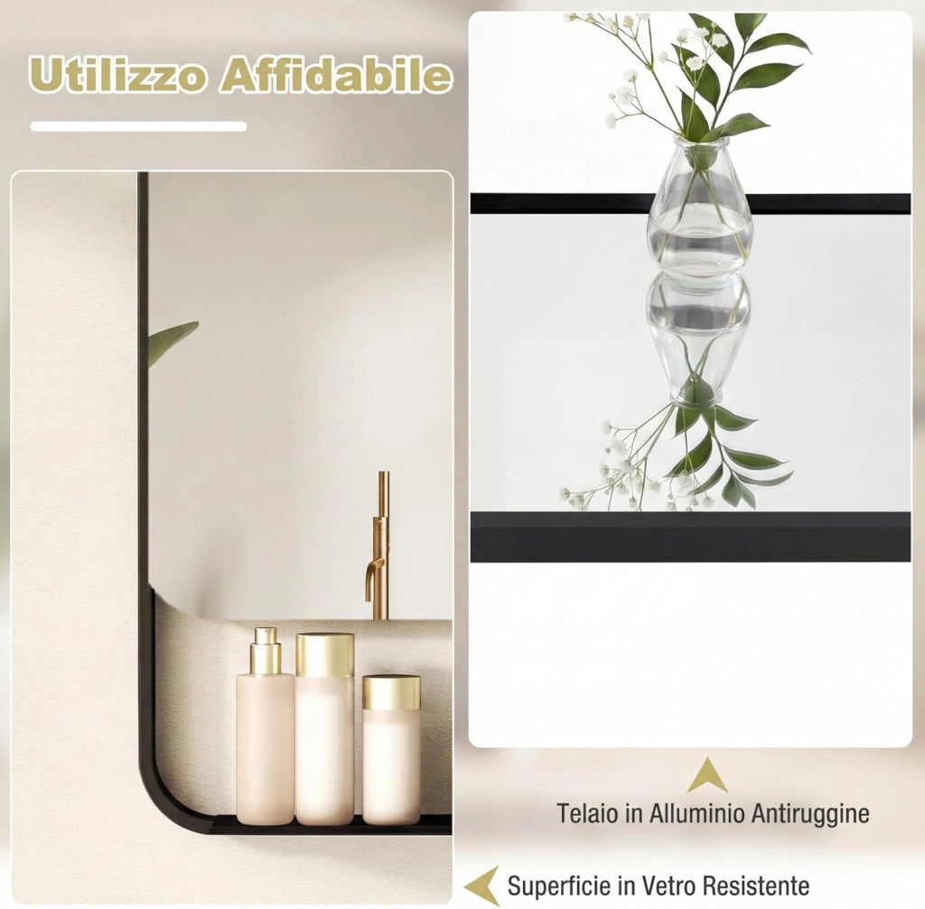 Specchio da Bagno LED 80 x 60 cm con Mensola, Specchio da Trucco con Cornice in Alluminio, Funzione Antiappannamento, 3 Colori di Luce e Luminosità Regolabile, Specchio da Parete