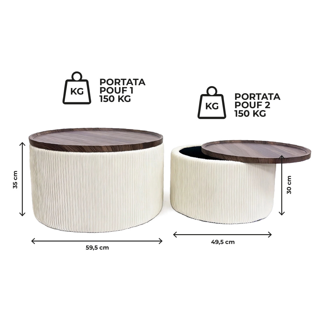 Set 2 Pouf Contenitore Rotondi in Velluto con Coperchio in Legno, Tavolino da Salotto Moderno, Pouf Contenitore Multiuso, Pouf Poggiapiedi, Tavolino Contenitore Salvaspazio Beige
