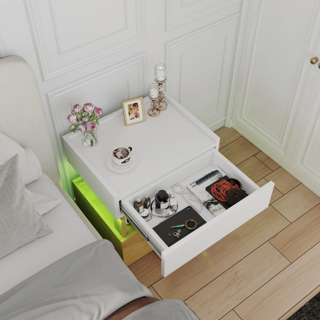 Comodino con 2 cassetti e LED - per camera da letto - 50×40×50 cm - bianco naturale
