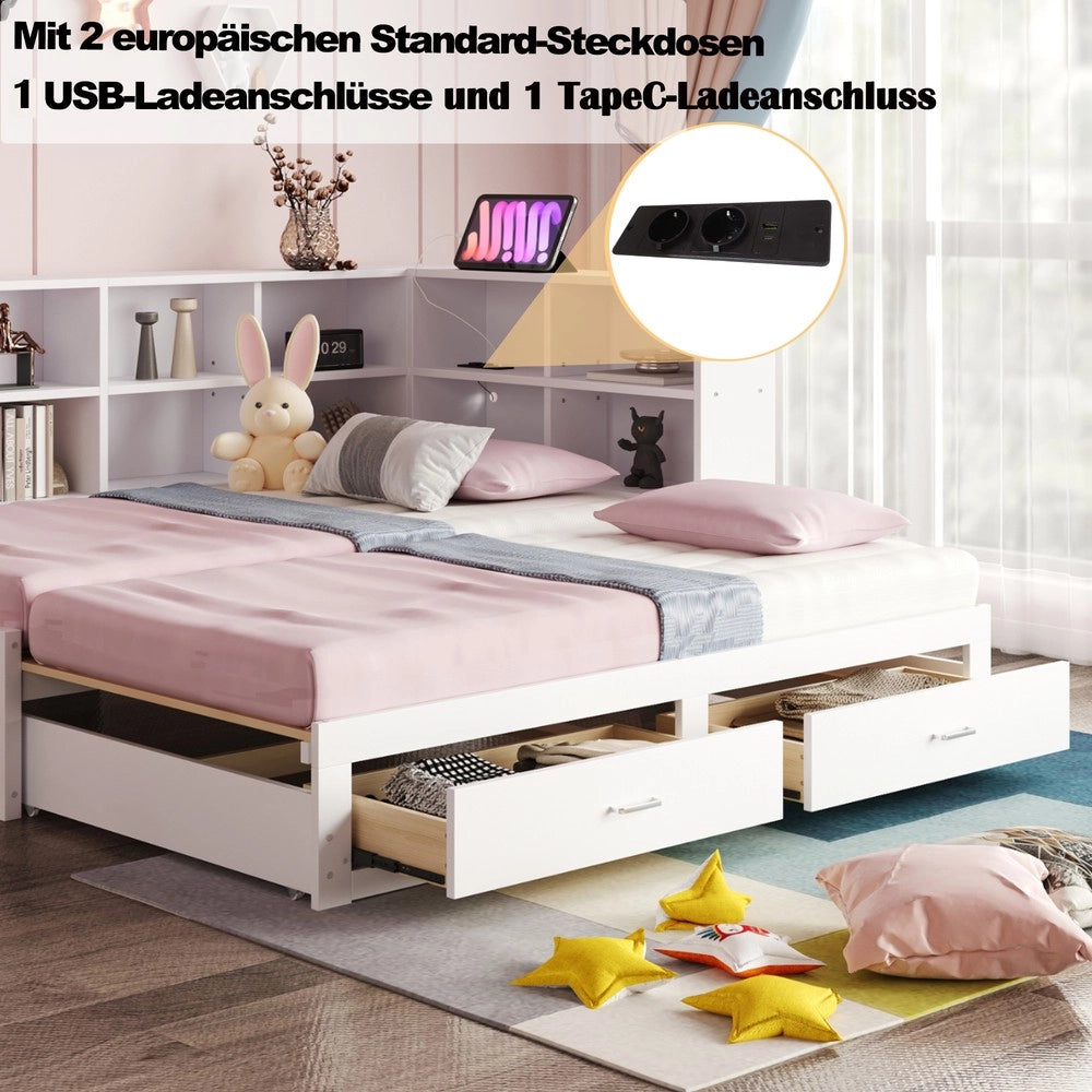 Letto Singolo in Legno Massello con Divano, Cassetti e Rete a Doghe ¨C MINIMAL ¨C Bianco 90x190