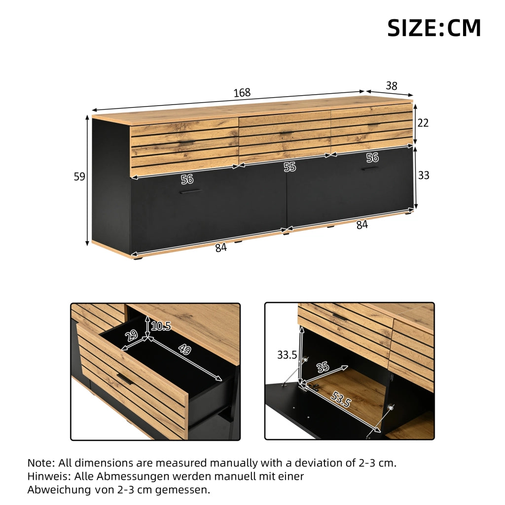 Mobile porta TV con 3 cassetti e 2 ante, 3 vani interni, per soggiorno, per tv fino a 65 pollici, 168 × 38 × 59 cm