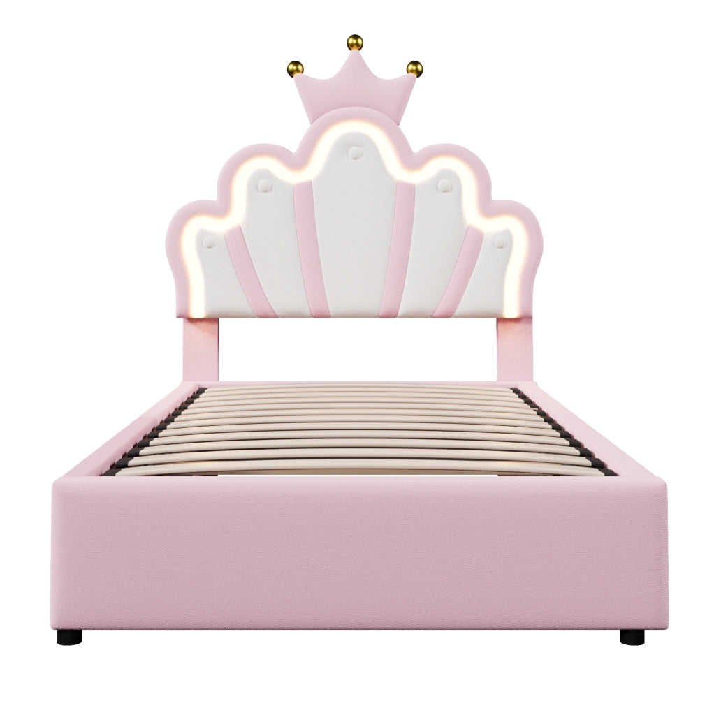 Letto imbottito 90x200 cm con contenitore; LED e testiera regolabile in PU rosa