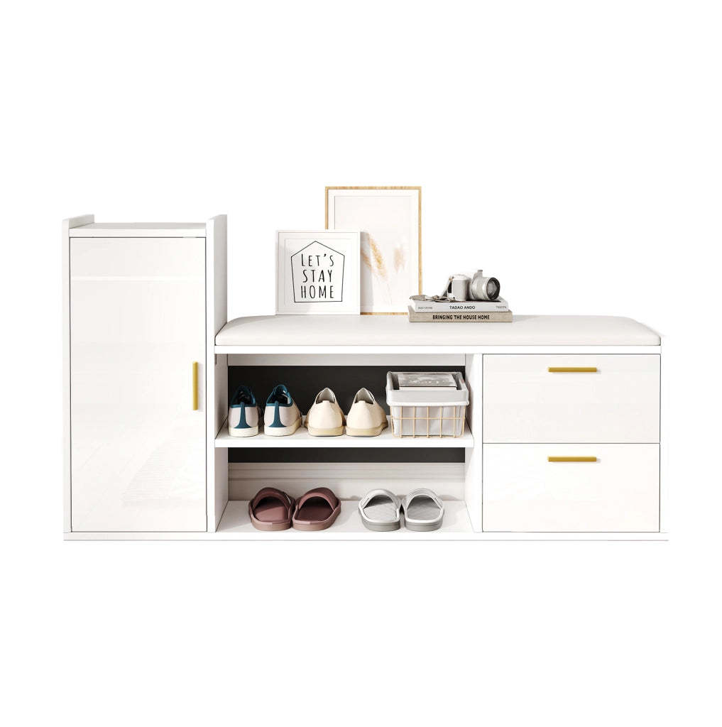 Scarpiera con panca 128x30x68 cm in truciolato bianco con 2 cassetti e ripiani