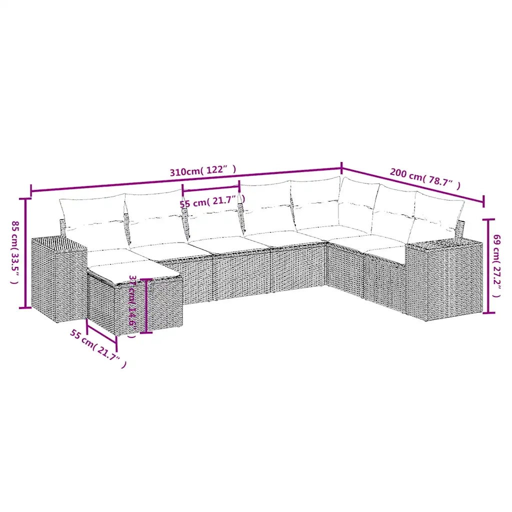 Set Divano da Giardino 8 pz con Cuscini Beige in Polyrattan 3264514