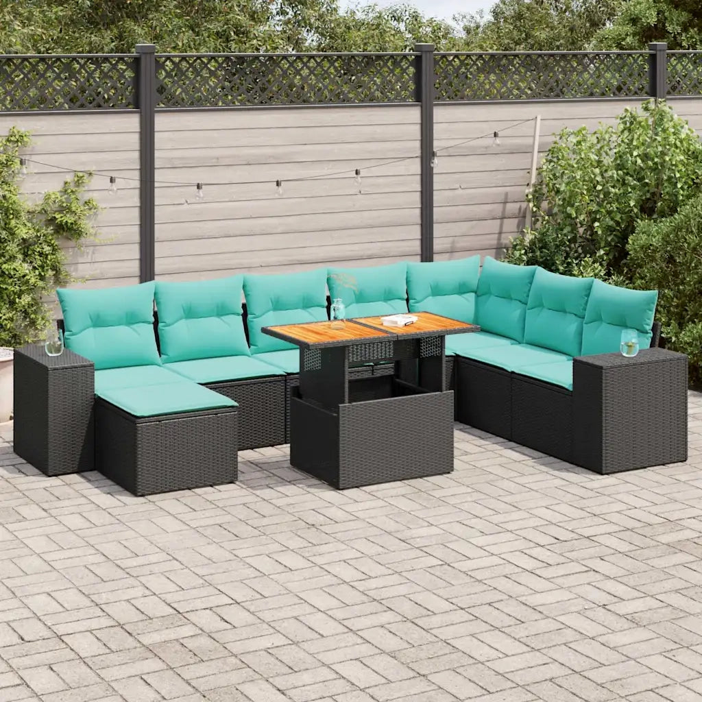 Set Divani da Giardino 9 pz con Cuscini Nero in Polyrattan