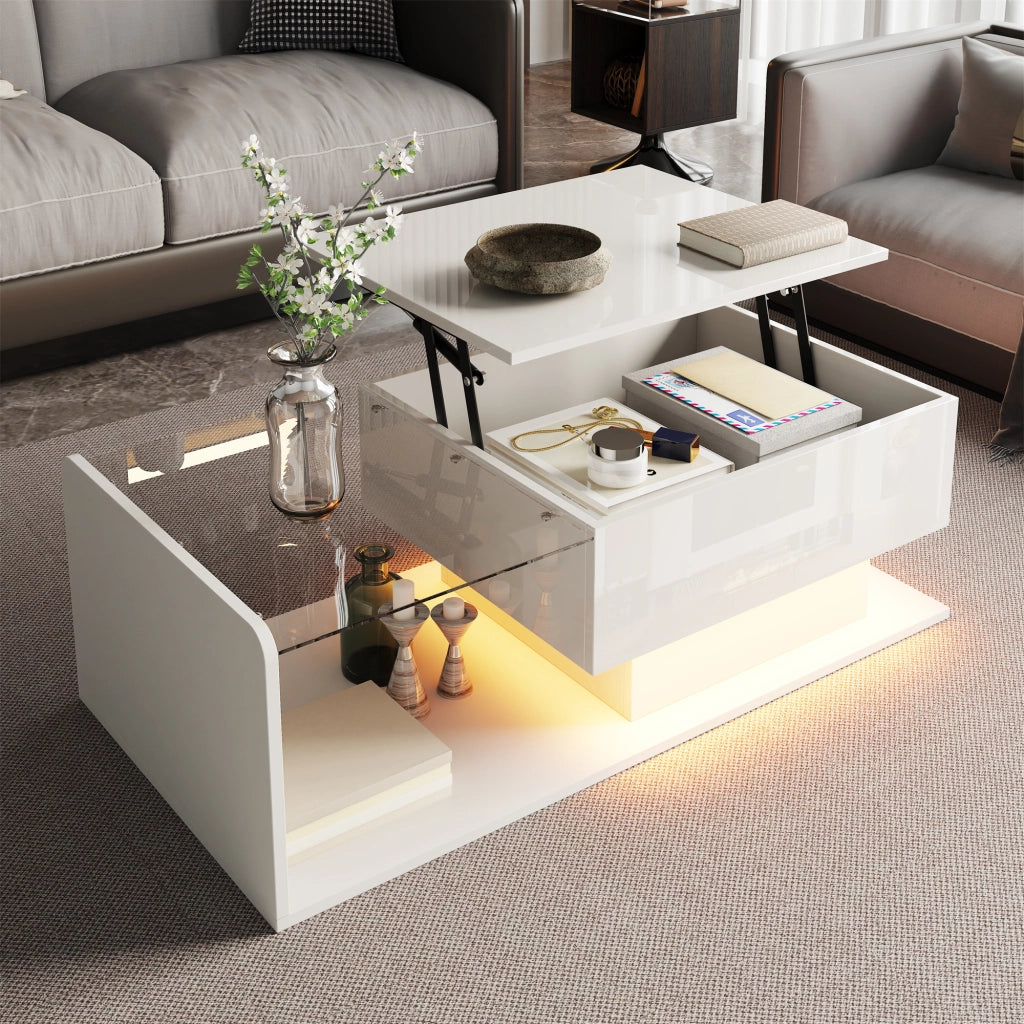 OKWISH Tavolino da Salotto Alzabile con Piano in Vetro Temperato, Vano Aperto e Chiuso, LED, per Soggiorno, 100 x 50 x 47.5 cm