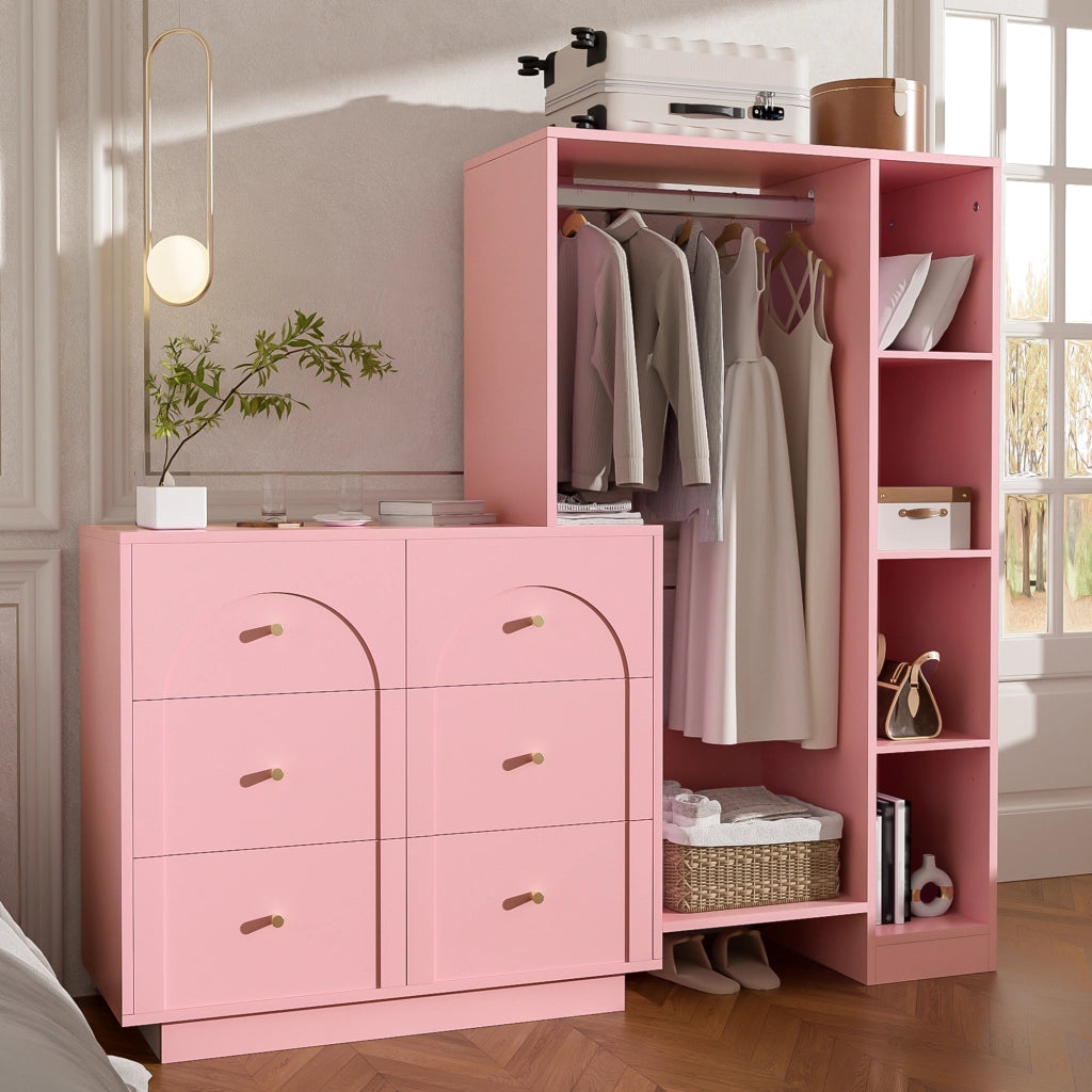 Armadio multifunzione aperto con 6 cassetti, barra appendiabiti e ripiani laterali, rosa, 139 ¡Á 35 ¡Á 133 cm