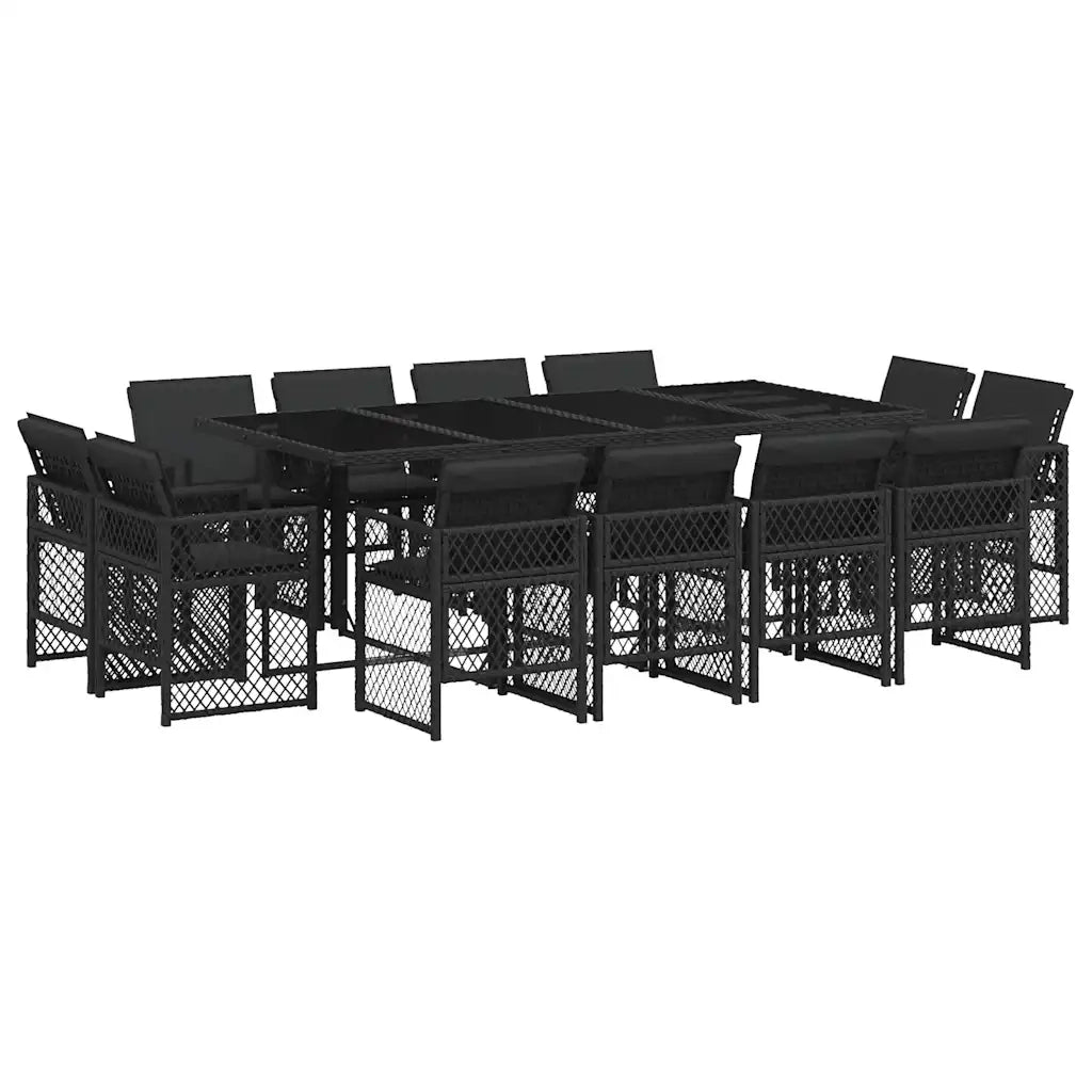 Set da Pranzo da Giardino 13pz con Cuscini Nero in Polyrattan