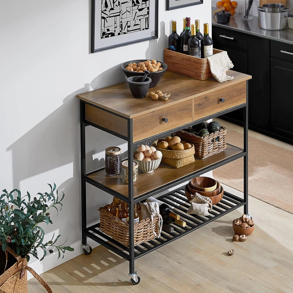 Carrello da Cucina e Mobile Cucina Salvaspazio con 2 Cassetti e 2 Ripiani – Mobiletto con Ruote Stile Industriale, Credenza Compatta per Ingresso, Cucina o Soggiorno 100x45x93cm FKW112-PF
