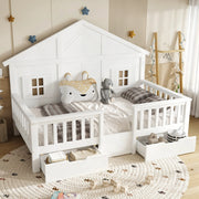 Lettino per bambini 90x200 cm, a forma di casetta, con 2 cassetti su rotelle e sponde di sicurezza, bianco