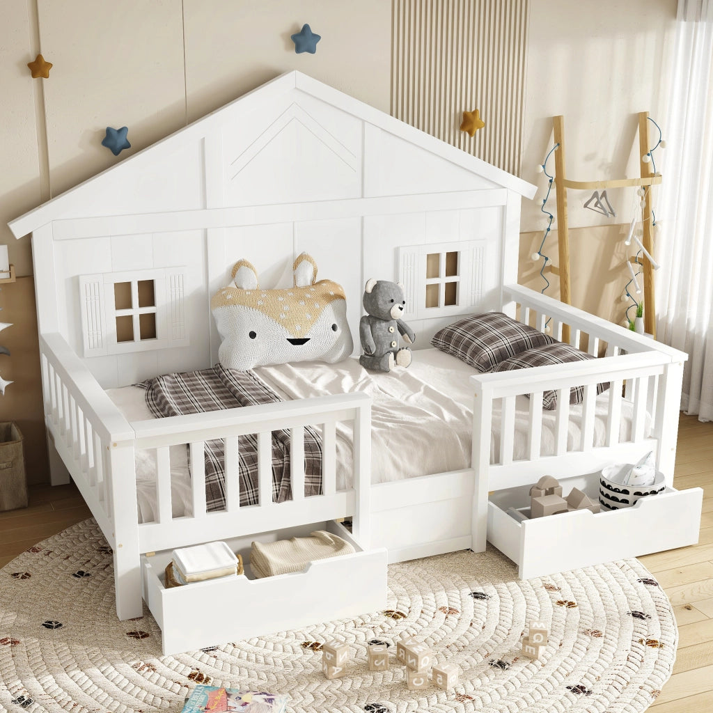 Lettino per bambini 90x200 cm, a forma di casetta, con 2 cassetti su rotelle e sponde di sicurezza, bianco