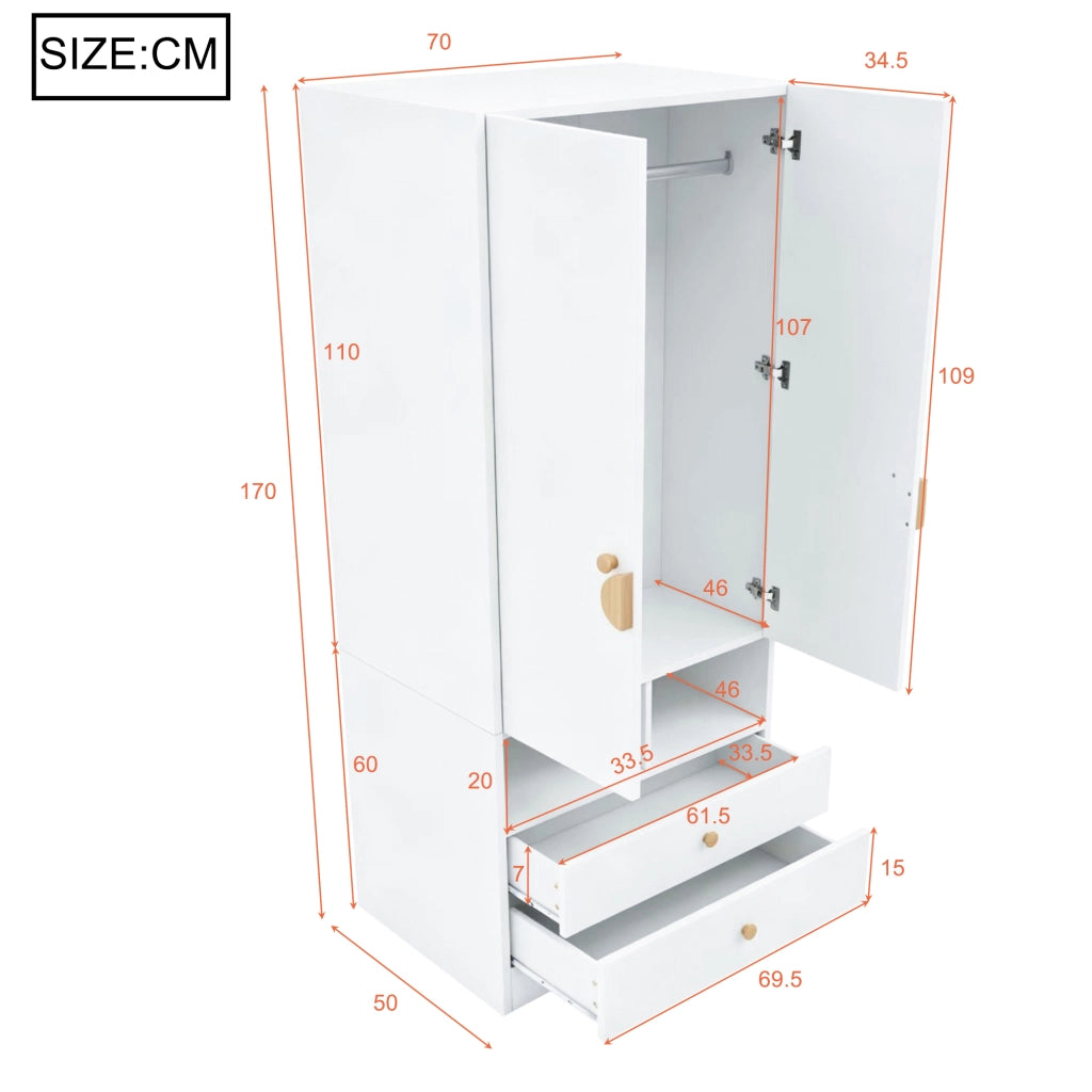 Scaffale a doppia porta con due cassetti e piccoli scomparti in MDF bianco per camera da letto 70 × 50 × 170 cm