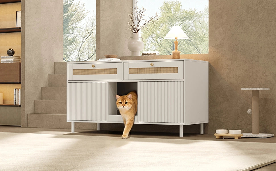 Mobile porta lettiera per gatti con doppia anta, cassetto, tappetino raccogli-sabbia, MDF bianco, 120x50x65 cm