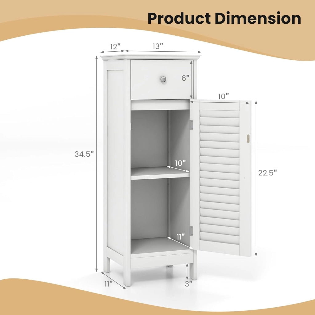 Armadietto portaoggetti da pavimento per bagno, autoportante, con 1 anta, 1 cassetto e ripiano regolabile a 3 altezze, armadio sottile, organizer per camera da letto, soggiorno, corridoio