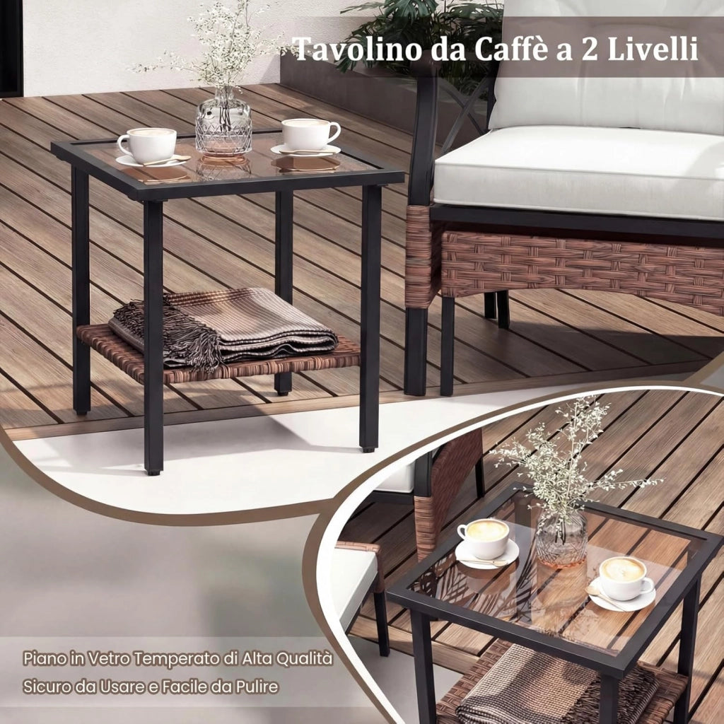 Set di 5 Mobili da Giardino in Rattan, Set Mobili da Esterno con Sedie Poggiapiedi Cuscini e Tavolino in Vetro Temperato a 2 Livelli, Set Conversazione per Portico e Balcone (Beige)