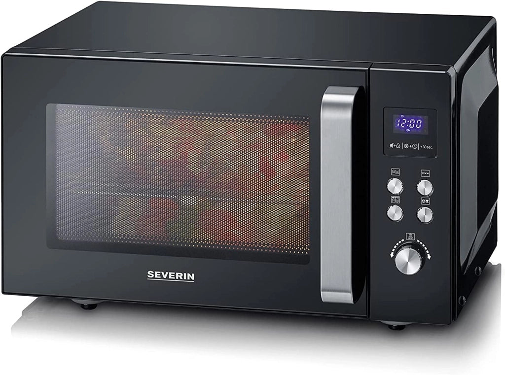 Severin mw7763 forno a microonde 2 in 1 con fondo in ceramica e grill, capacità 20 l, forno a microonde per scongelare e riscaldare, con grande superficie utile per stoviglie quadrate, nero/acciaio inox