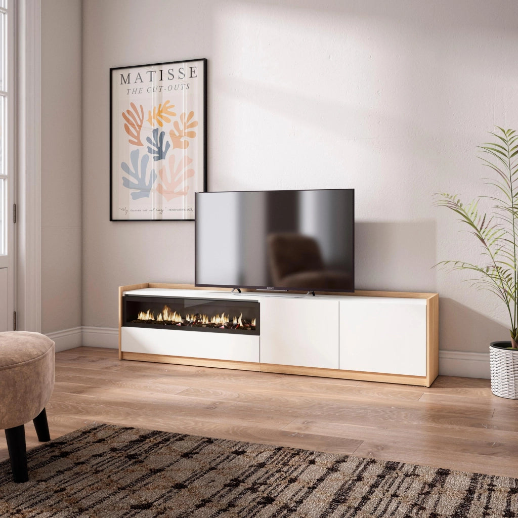 Mobile TV Soggiorno, 207x50x37 cm, Per TV fino a 80", Camino elettrico, Bianco e Rovere soft