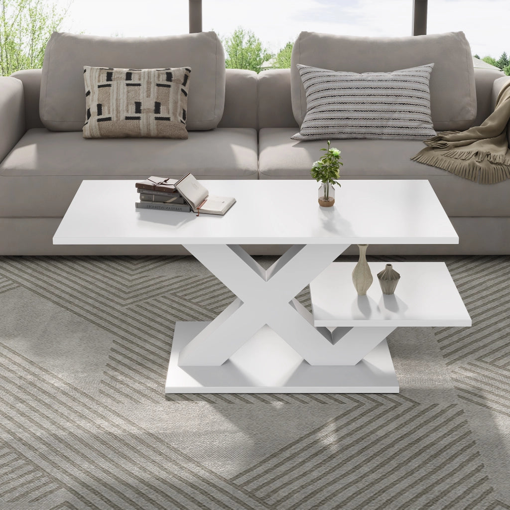 Tavolino basso rettangolare con doppio piano e struttura a x, in MDF lucido, per soggiorno, bianco 100 × 48 × 45 cm