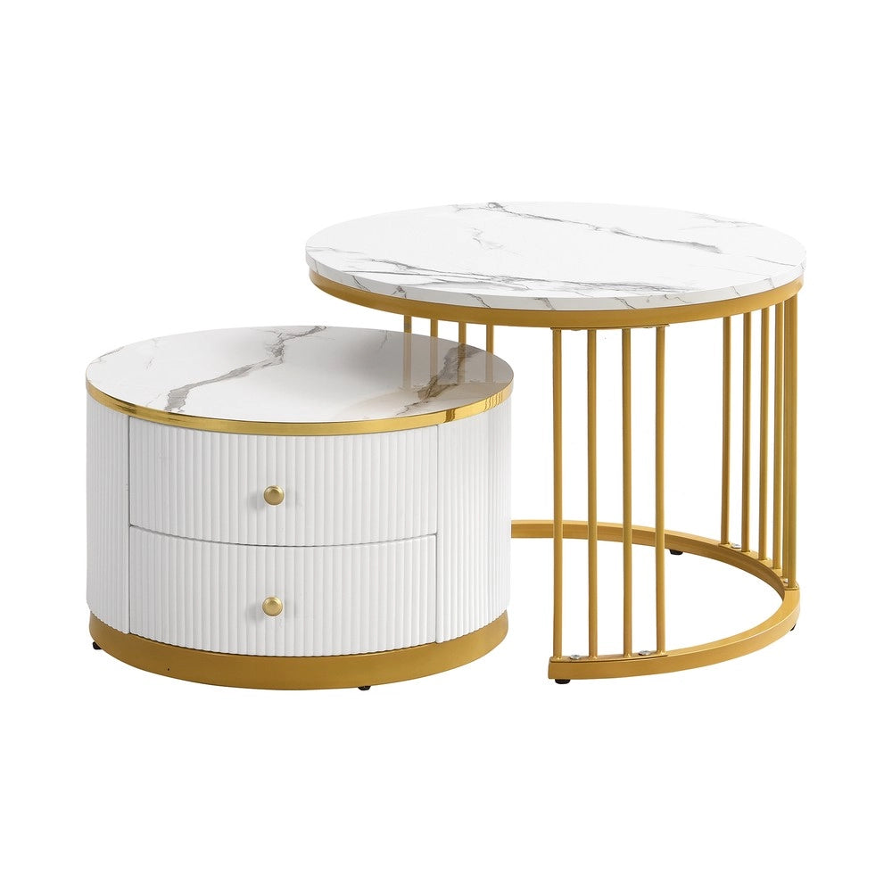 Set 2 Tavolini da Caff¨¨ Rotondi ¨C Xylo ¨C Bianco Lucido Effetto Marmo, 2 Cassetti, 60x60x45 & 50x50x32