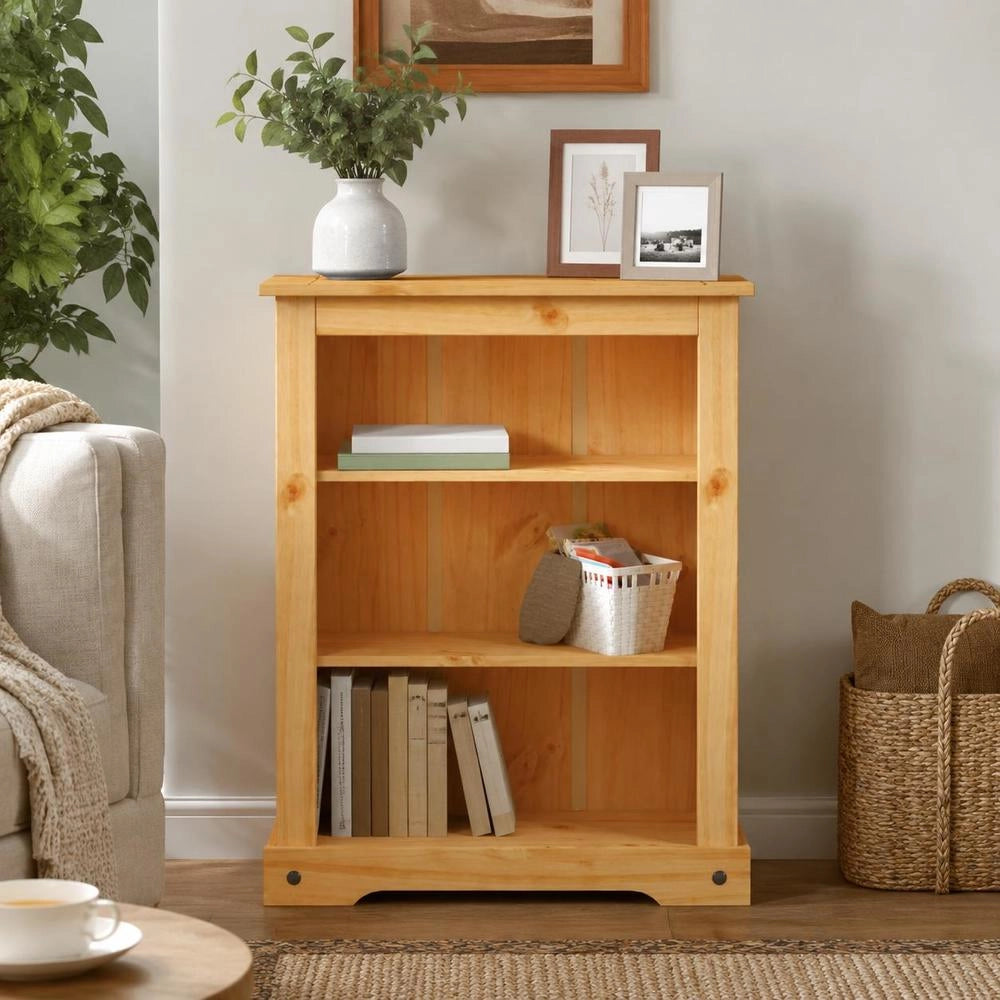 Bookcase With 3 Compartments, Mexican Style, Pine Wood, 80x29x100 Cm