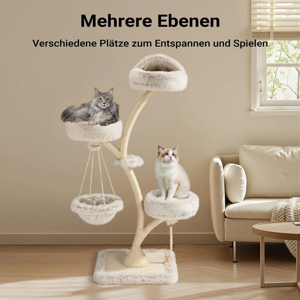 Fudajo Albero tiragraffi per gatti di design con 2 cucce, 1 nicchia, 1 amaca, Ø 59 cm, altezza 169 cm, portata max. 15 kg, beige con sisal e peluche, colonna e piattaforme