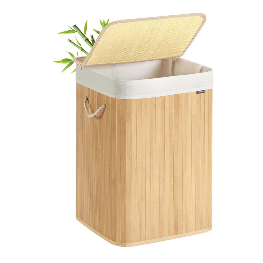 Cesto portabiancheria da 95 litri cesto per panni sporchi coperchio in bambù manici pieghevoli sacco rimovibile lavabile in lavatrice per lavanderia camera da letto beige 12_0006661