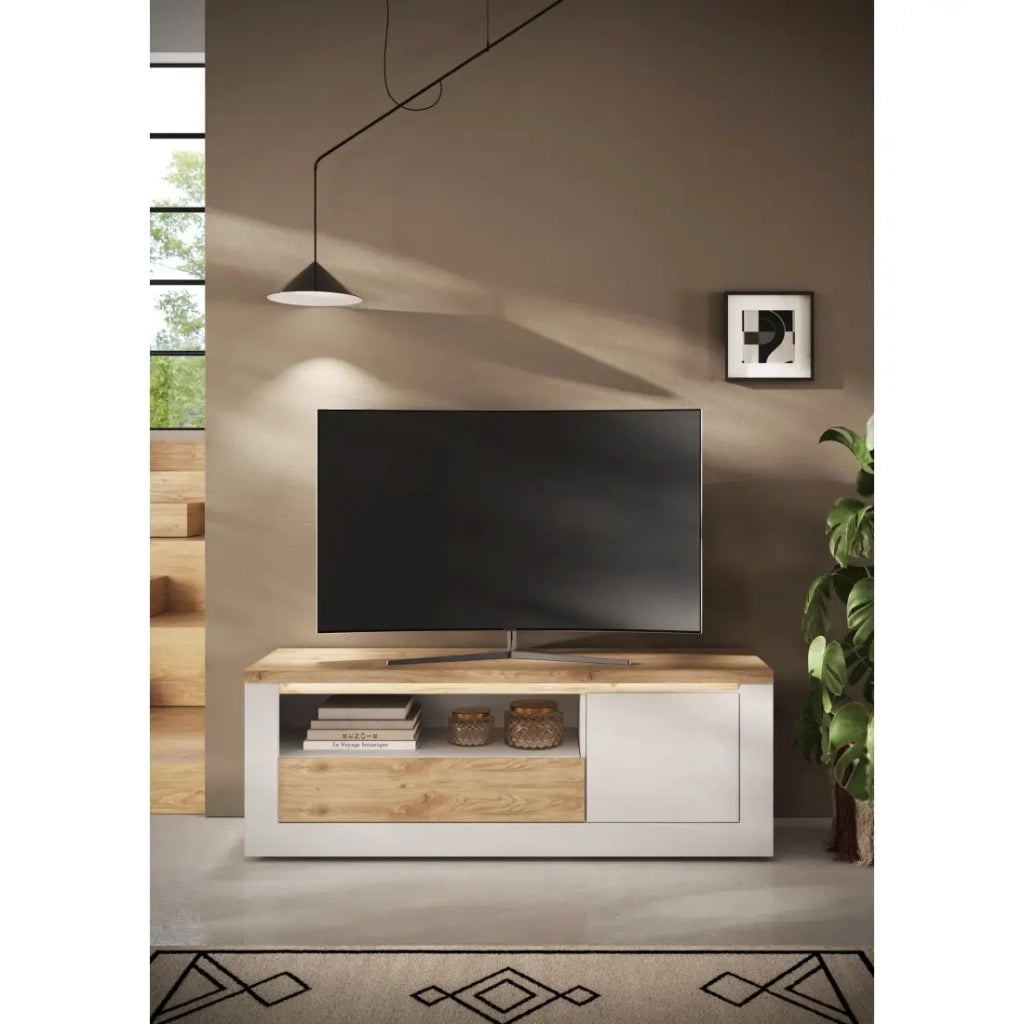 Mobile porta TV SASHA – 1 porta, 1 cassetto e 1 vano aperto con LED – Bianco lucido e quercia Cadiz