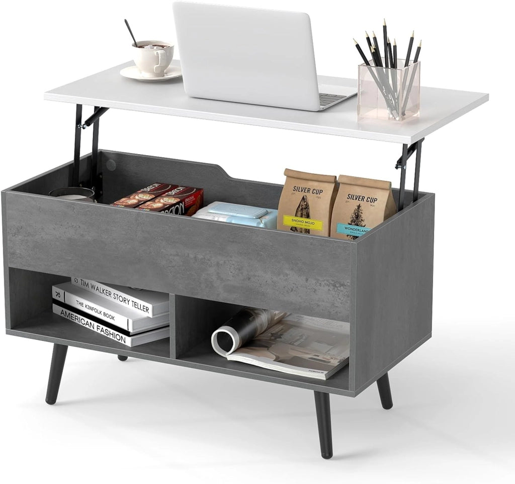 Tavolino da Salotto con Superficie Sollevabile, Tavolino da Caffè Moderno con Scompartimento Nascosto e 2 Ripiani, Ideale per Salone, Ufficio e Sala Riunioni (Grigio)