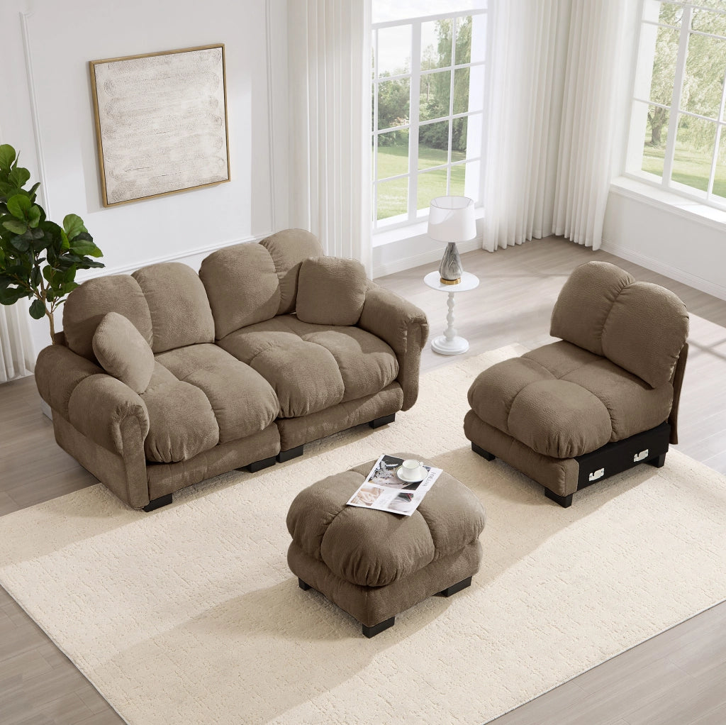 Divano angolare in ciniglia marrone con pouf mobile; 260 × 149 × 90 cm