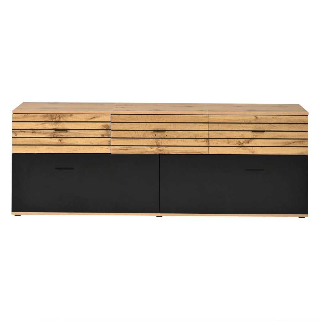 Mobile TV 168x38x59 cm con 3 cassetti e 2 ante a ribalta in MDF e truciolato naturale e nero