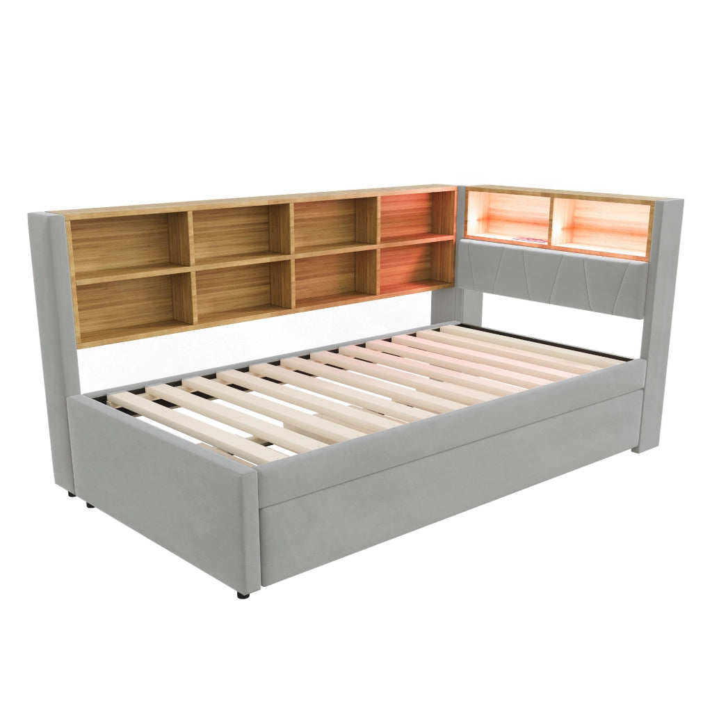 Letto estraibile 2 posti 90×200 cm e 90×190 cm con LED; USB; Type-C; ripiani; senza materasso; grigio chiaro