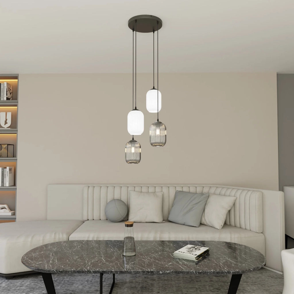 Lampadario 4 Luci Selene Base Tonda Acciaio Nero Vetri Plissettati Bianco E Fumè