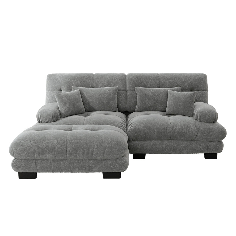 Divano angolare Cloud - Xylo - 2 posti in chenille con ampi braccioli e pouf, grigio