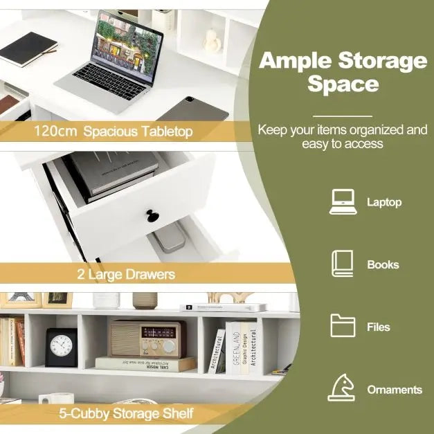 Scrivania Porta PC 120 cm con Libreria a 5 Scomparti e 2 Cassetti Bianco per Casa e Ufficio