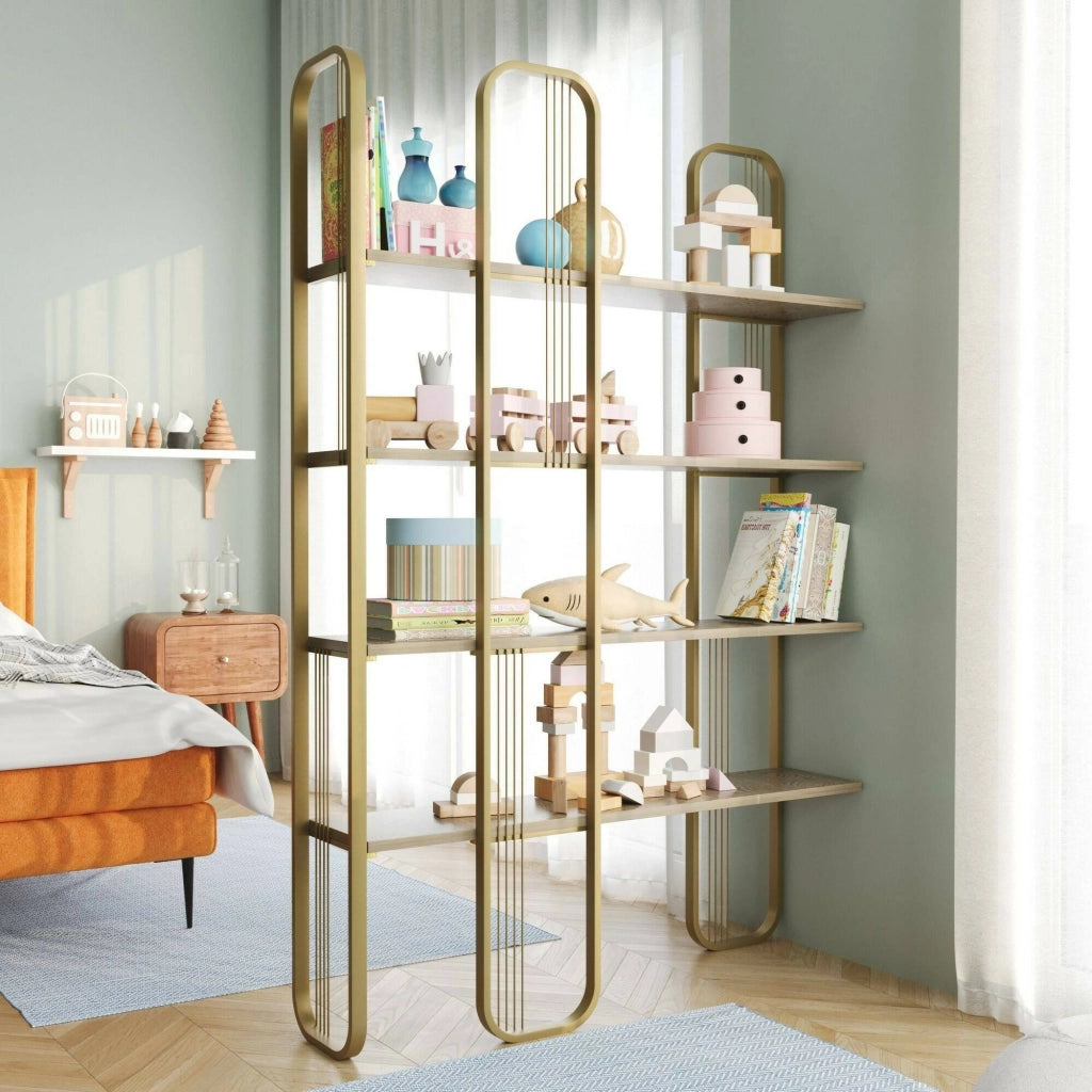 Libreria Angylla, Scaffale da ufficio, Mobile portalibri, Biblioteca, 125x28h180 cm, Oro