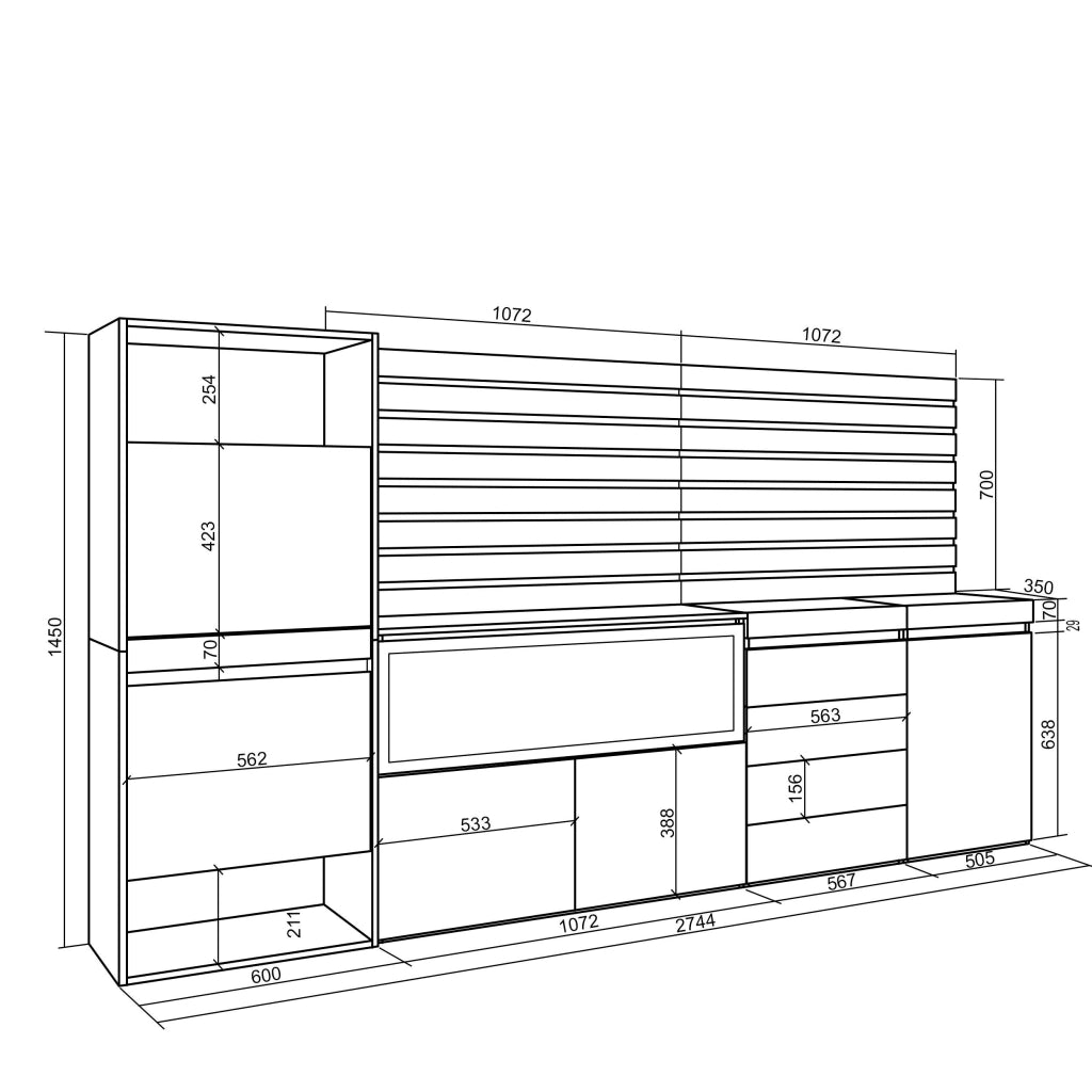 Scarpiera, 274x35x145cm, Camera da letto, Camino elettrico XXL, Cassettiera, Pannelli Decorativi, Bianco RF3556