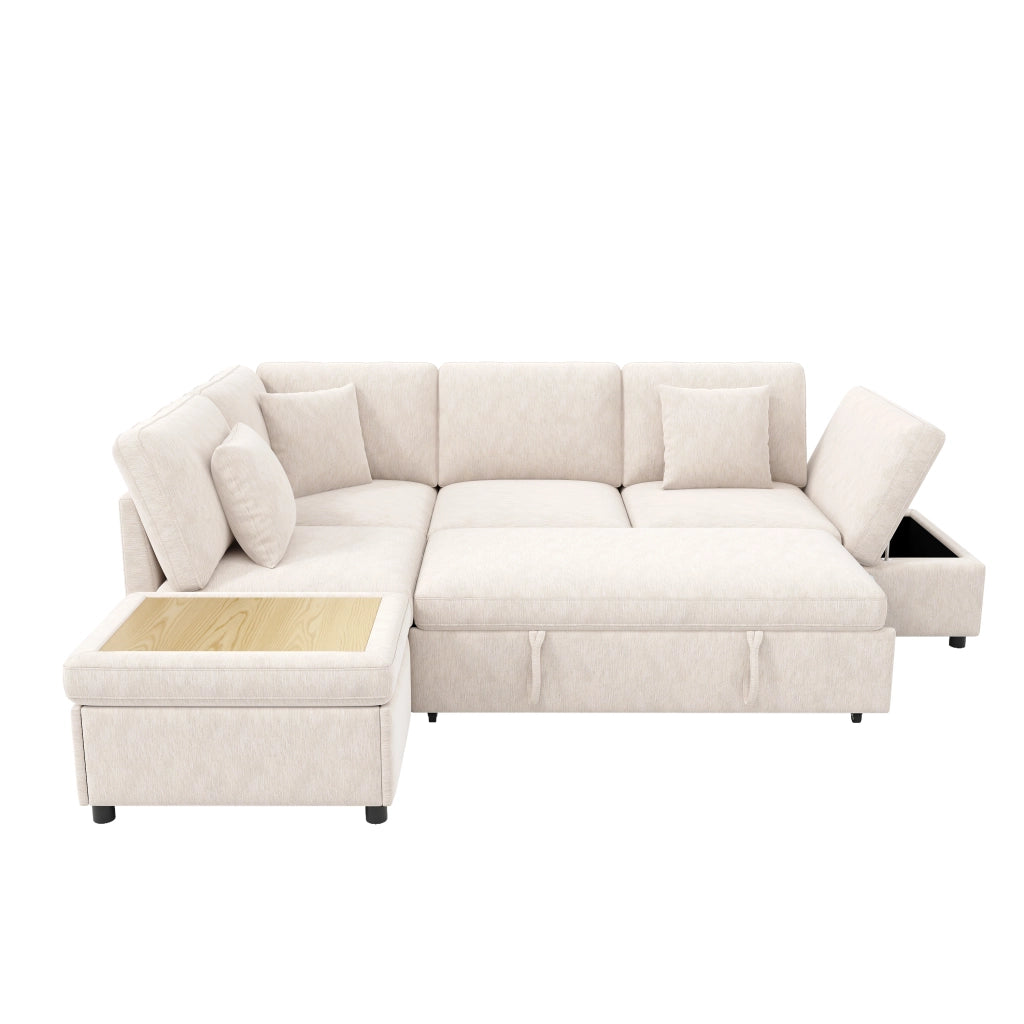 Divano angolare modulare a L con letto estraibile, 6 posti, con pouf contenitore, pannello USB/Type-C, 3 cuscini, tessuto Chenille beige