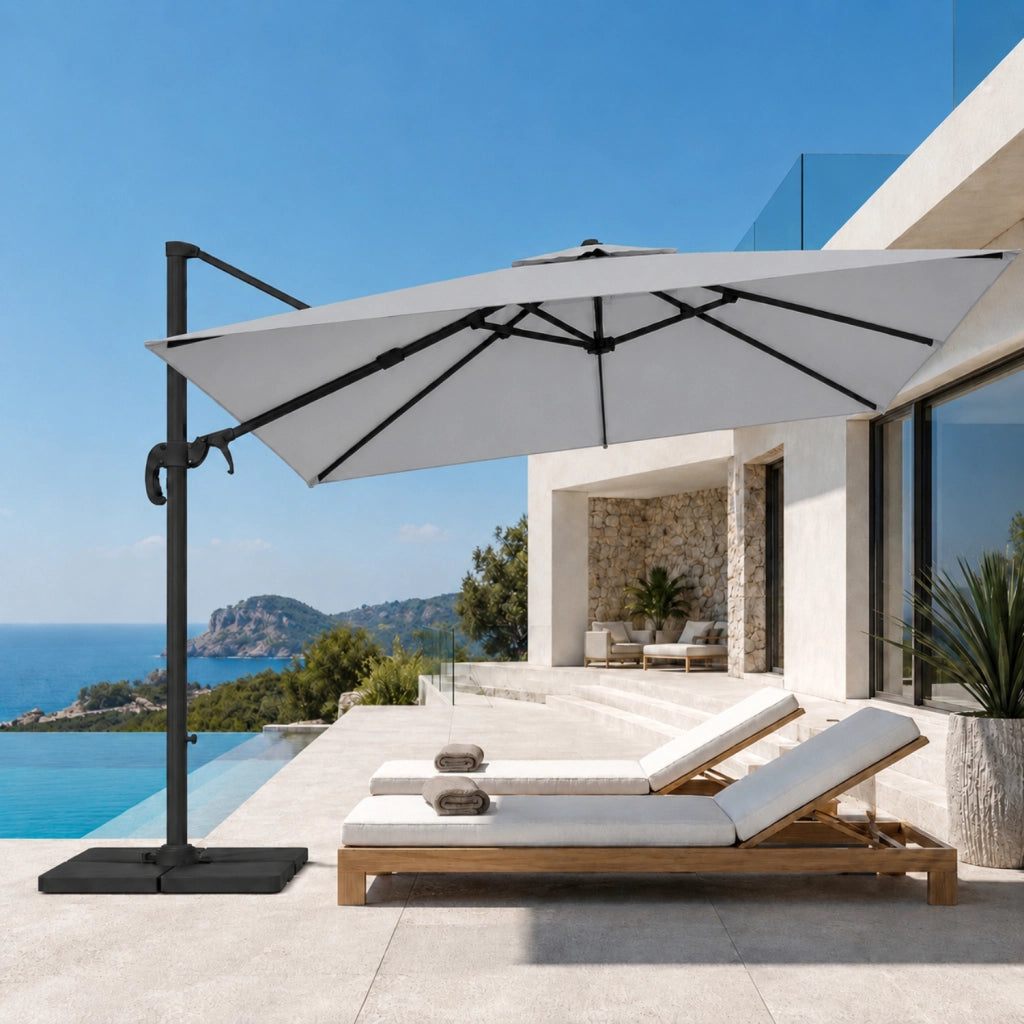 Ombrellone Professionale Per Giardino Terrazza Piscina Gazebo Bar Hotel Con Braccio Pieghevole Rotazione Completa 360° Tela Impermeabile Protezione Solare UV Acciaio Inossidabile 3x4 M Grigio Chiaro